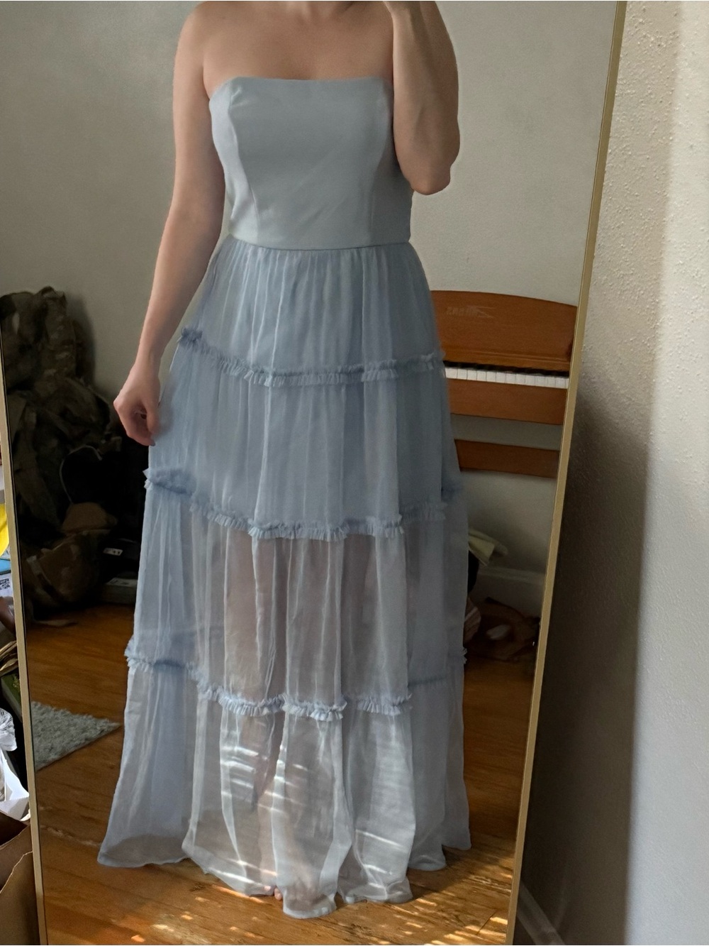 French Connection Pale Blue Strapless Tiered Dress